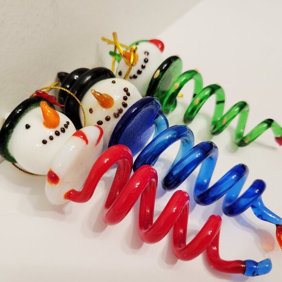 3 Blown Glass Spiral Dangling Snowman Face Top Holiday Christmas Ornaments - Picture 2 of 8